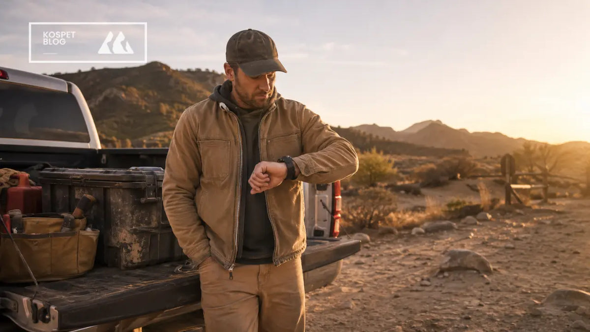 Outdoor worker checking a KOSPET rugged smartwatch beside a pickup truck in a hot desert landscape | KOSPET Smartwatch