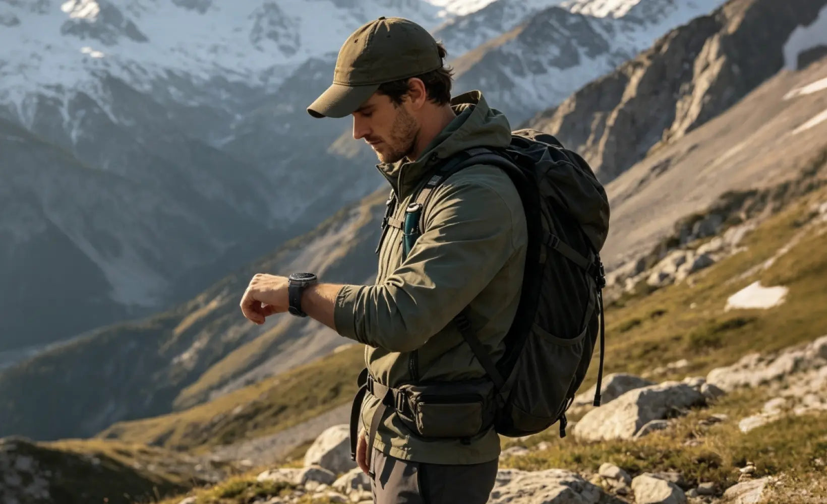 Hiker checking a KOSPET rugged smartwatch in a mountain landscape | KOSPET Smartwatch