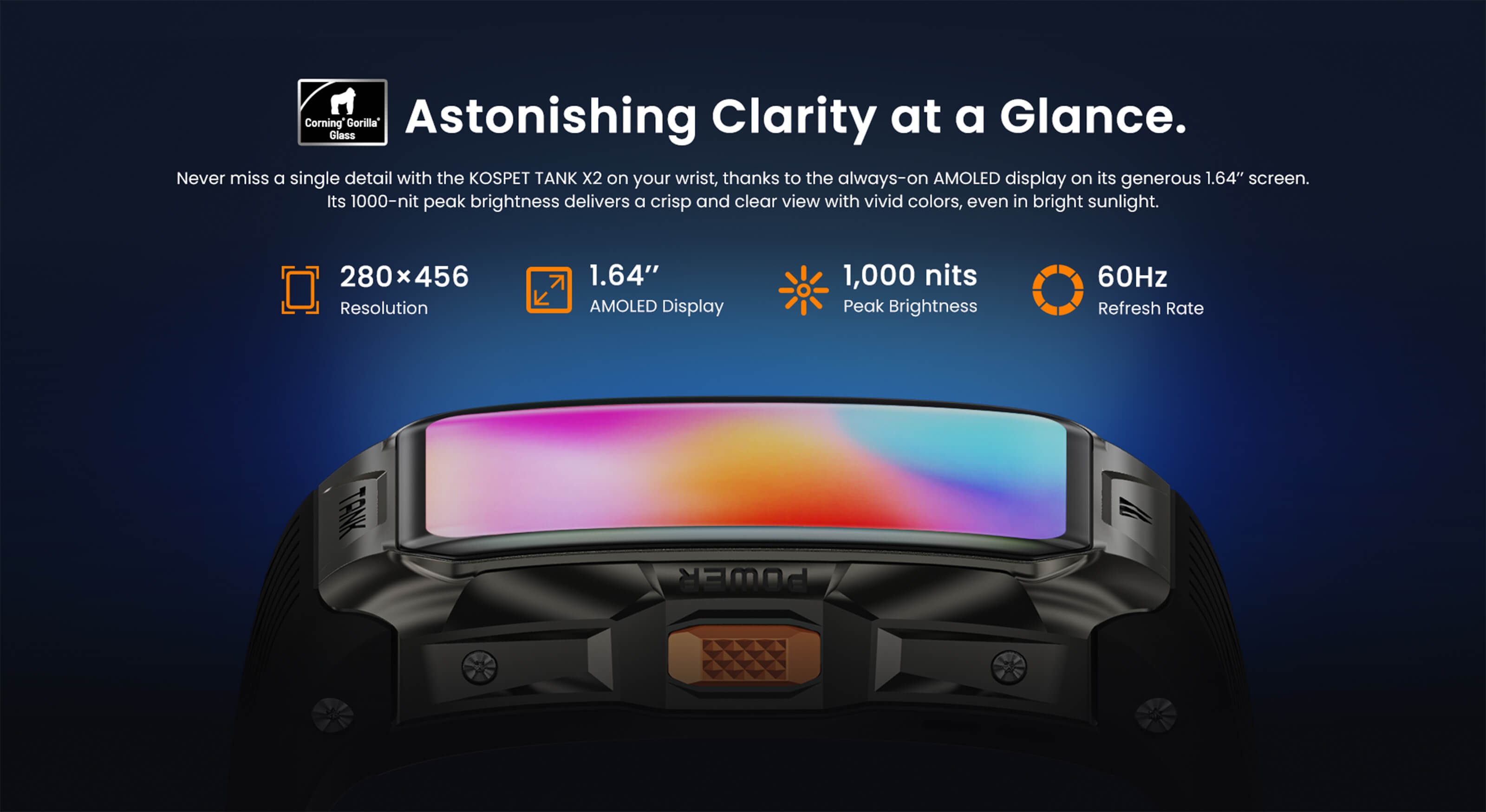 RUGGED TANK X2 Smartwatch Smartband with  always-on AMOLED display on its generous 1.64" screen.