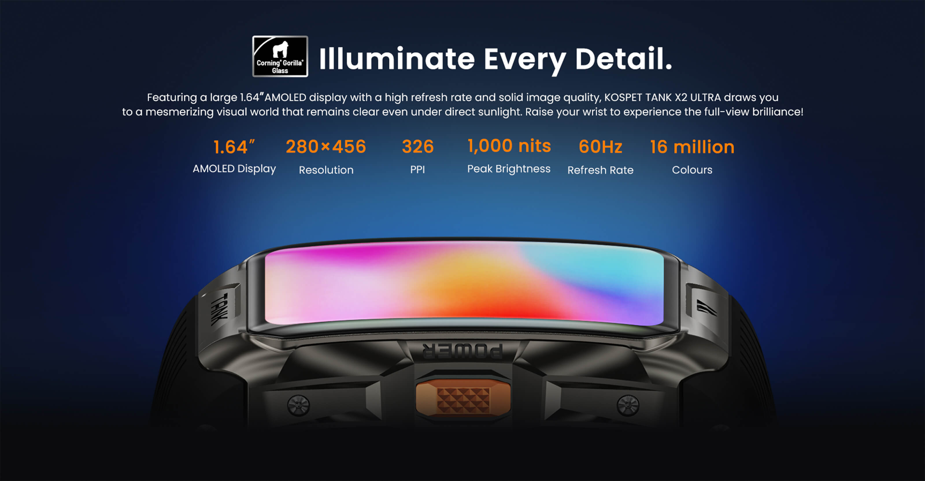RUGGED TANK X2 ULTRA Smartwatch Smartband with  always-on AMOLED display on its generous 1.64" screen.