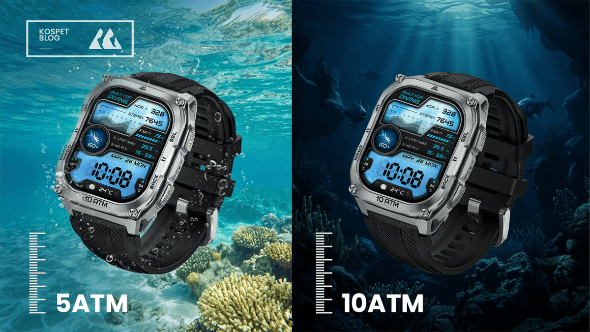 KOSPET 5ATM and 10ATM waterproof smartwatches compared side by side in underwater settings