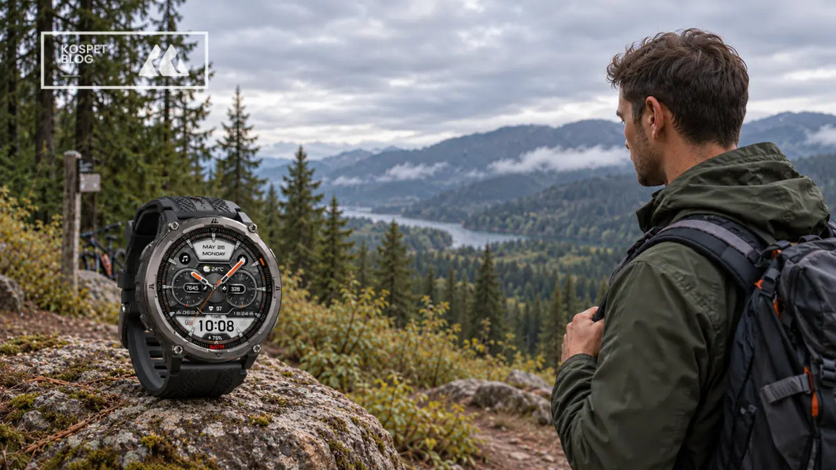 Rugged outdoor smartwatch on a rock beside a male hiker overlooking a forested mountain lake | KOSPET Smartwatch