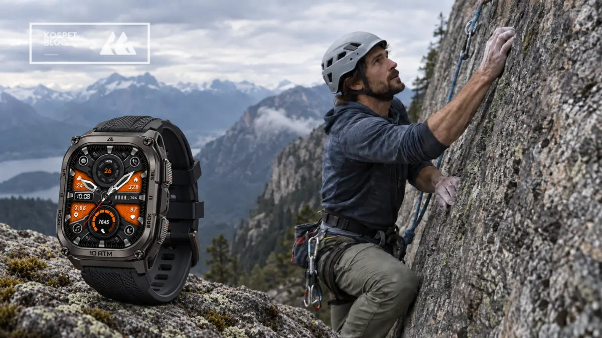 KOSPET TANK M4 rugged smartwatch in the foreground with a rock climber scaling a mountain cliff | KOSPET Smartwatch