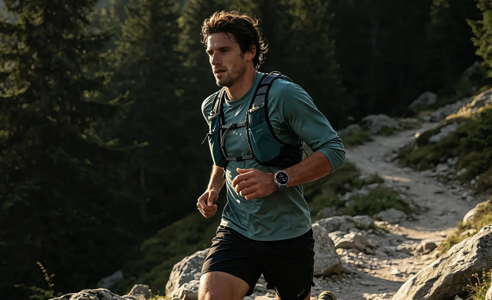 Trail runner wearing a KOSPET running smartwatch on a rocky mountain path ｜ KOSPET Smartwatch
