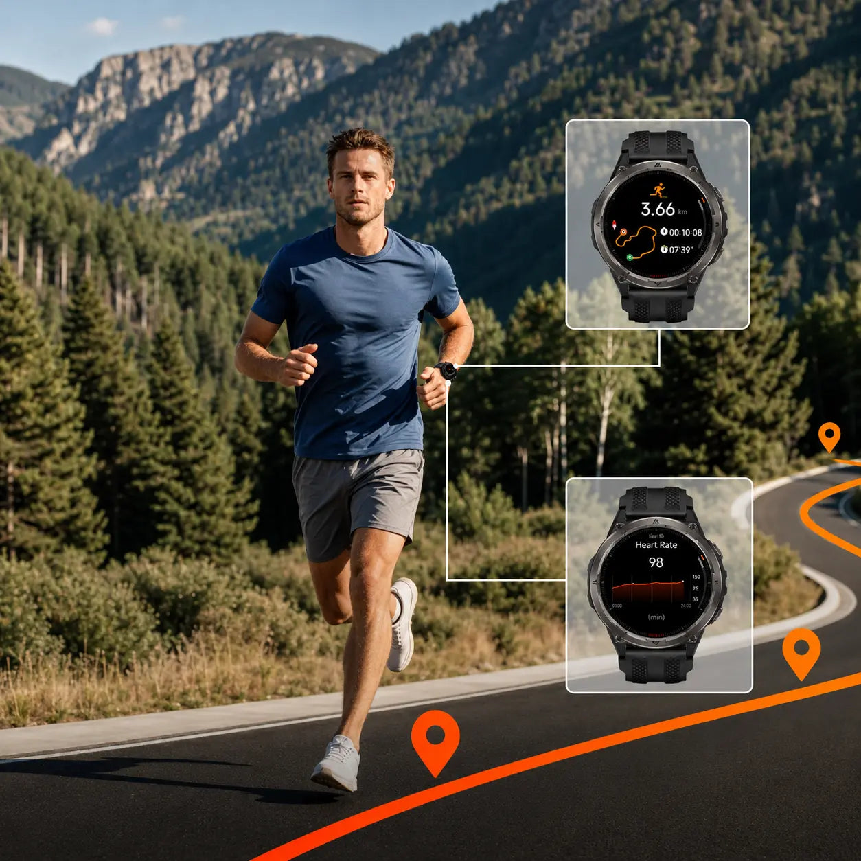 Runner tracking an outdoor route with a KOSPET lightweight GPS smartwatch on a mountain road
