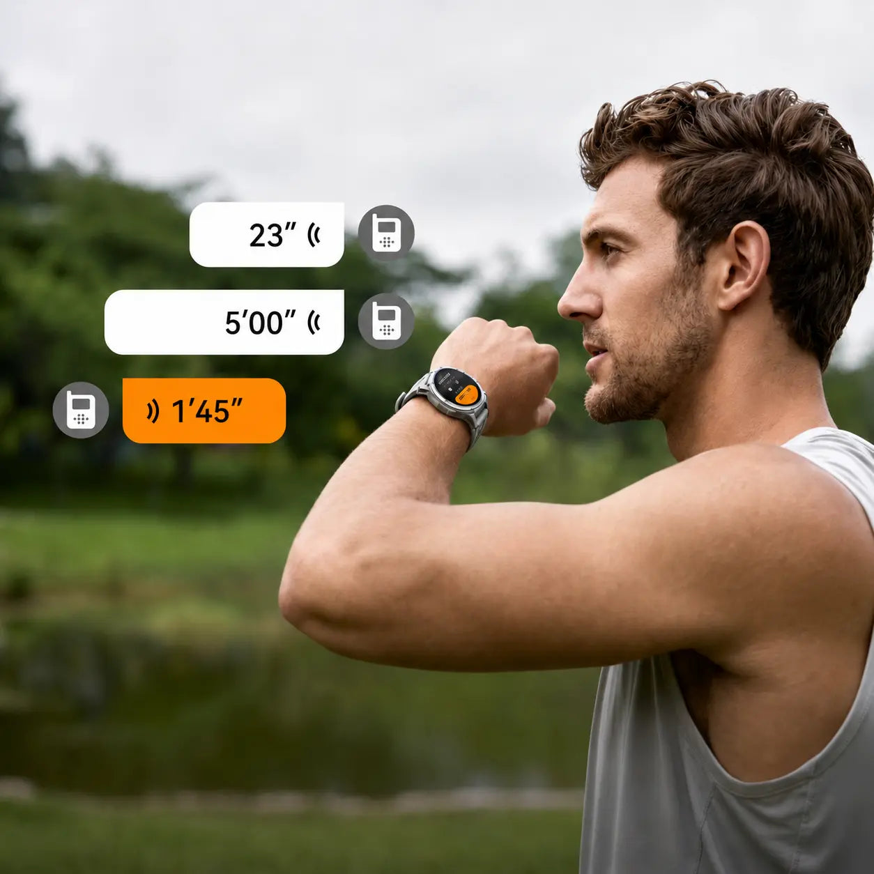 Man communicating outdoors with the walkie-talkie feature on a KOSPET lightweight smartwatch
