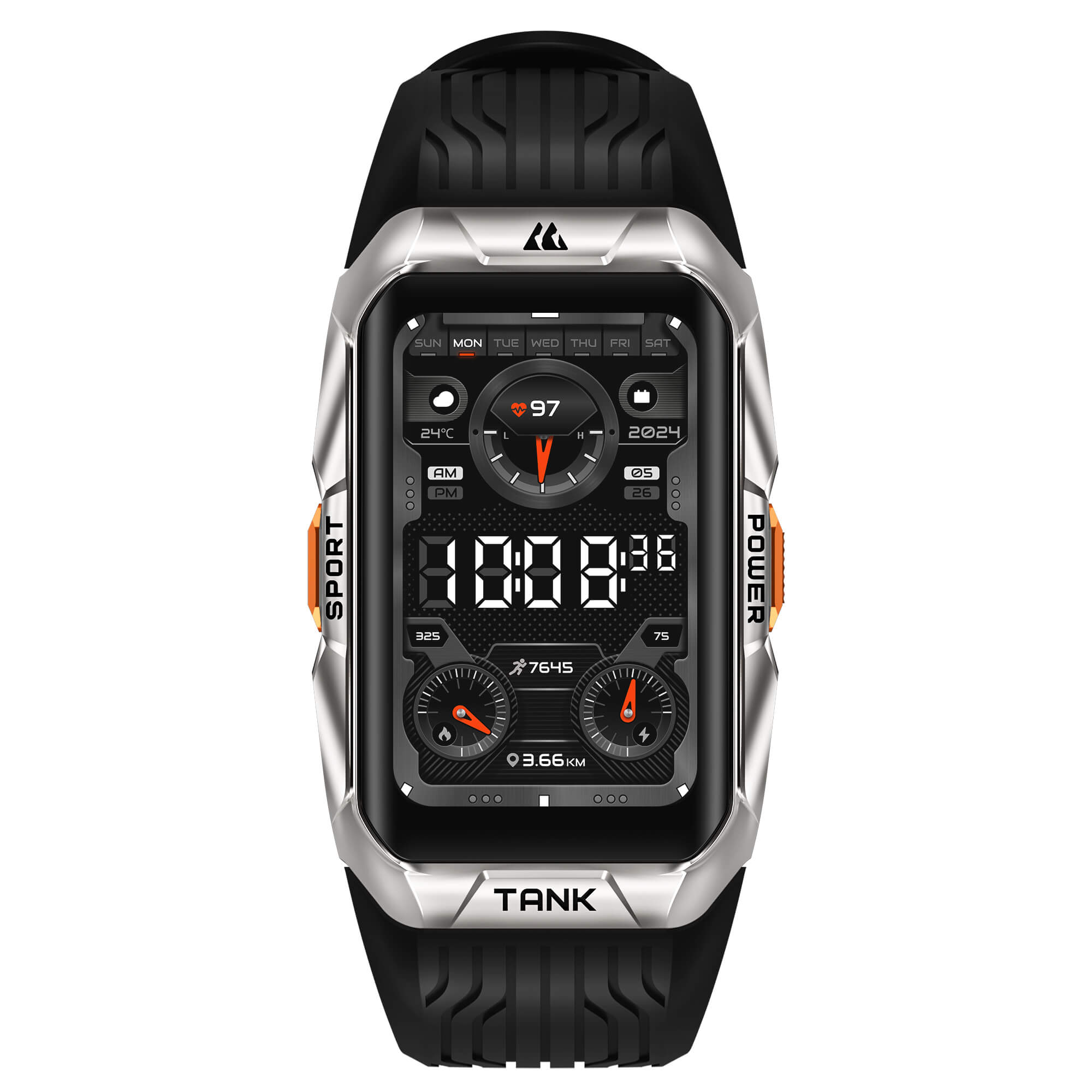 Front view of KOSPET TANK X2 Ultra Smartwatch with rugged design on white background-Silver