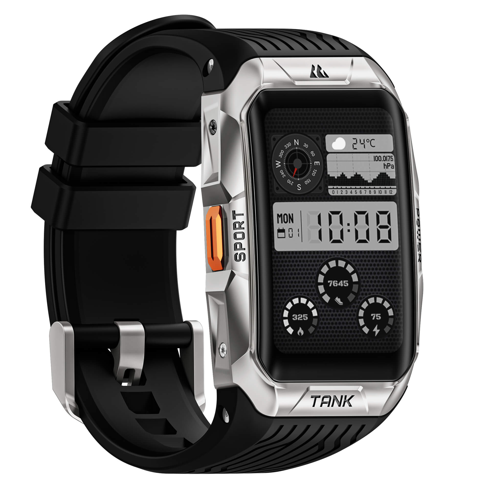 Side view of KOSPET TANK X2 Ultra Smartwatch with rugged design on white background-Silver