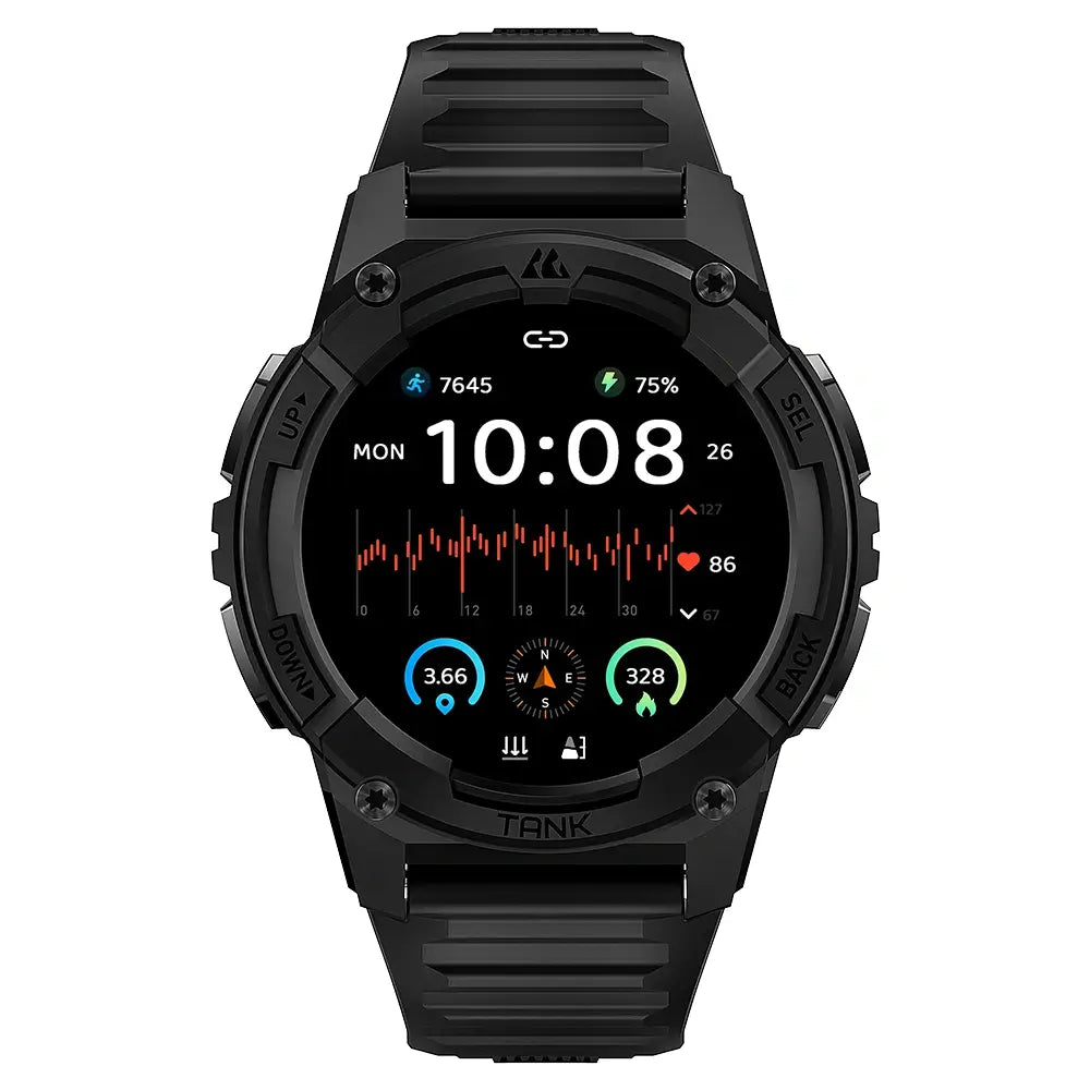 Front view of KOSPET TANK S2 Smartwatch with rugged design on white background-Black