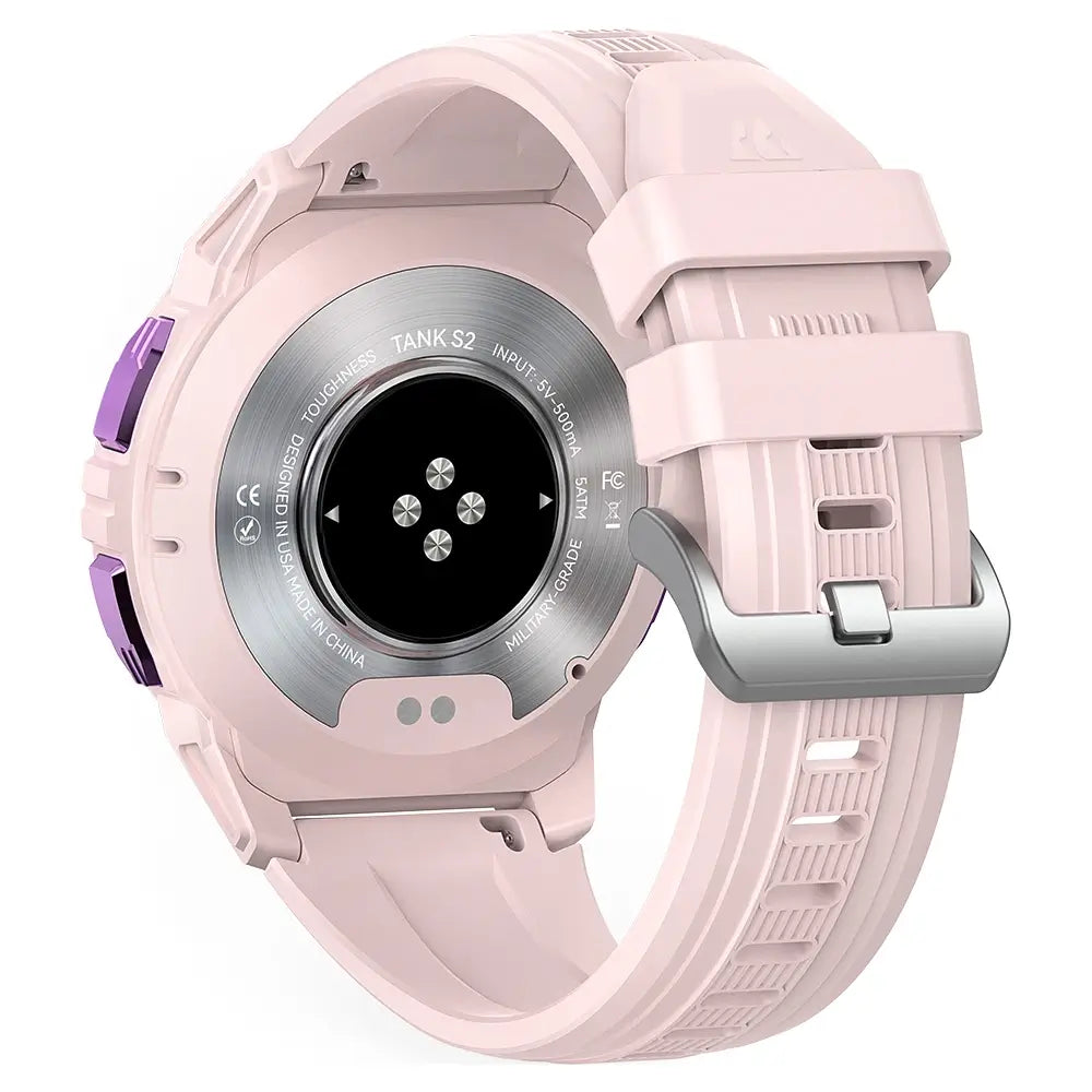 Back view of KOSPET TANK S2 Smartwatch with rugged design on white background-Pink